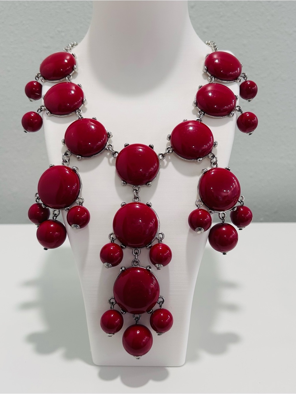 Erica Lyons Red Statement Necklace Round Cabochons Beads Silvertone Adjustable